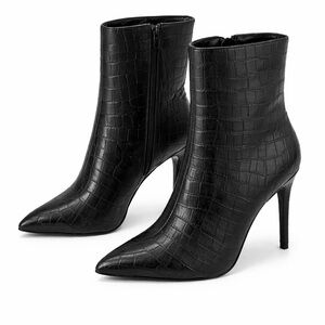 Black Croc-Embossed Pointed Toe Booties